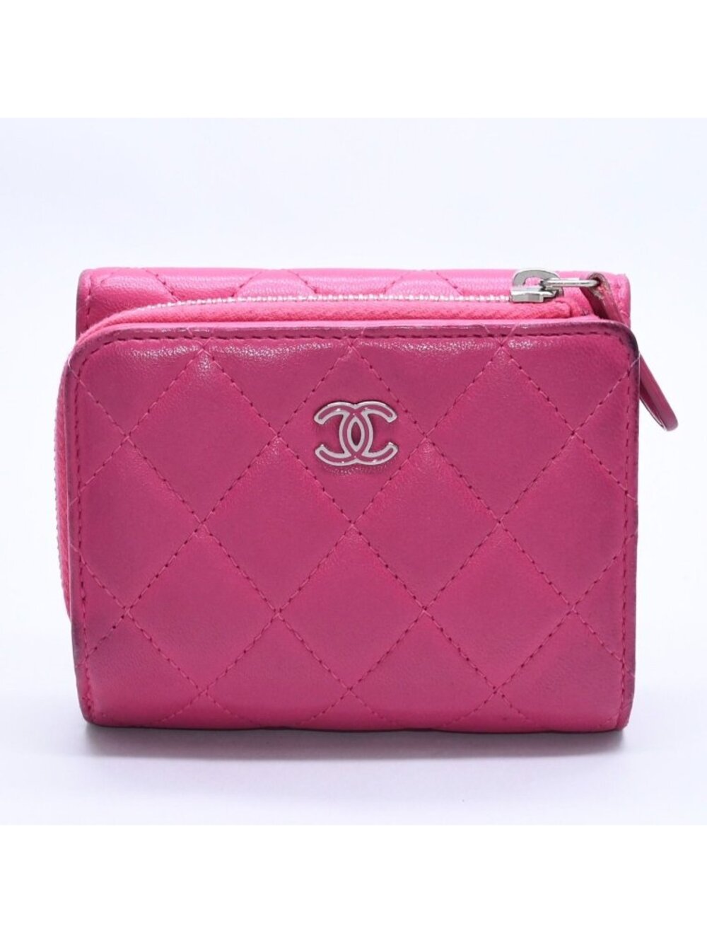 Chanel Quilted Compact Wallet Trifold Lambskin Pink Silver